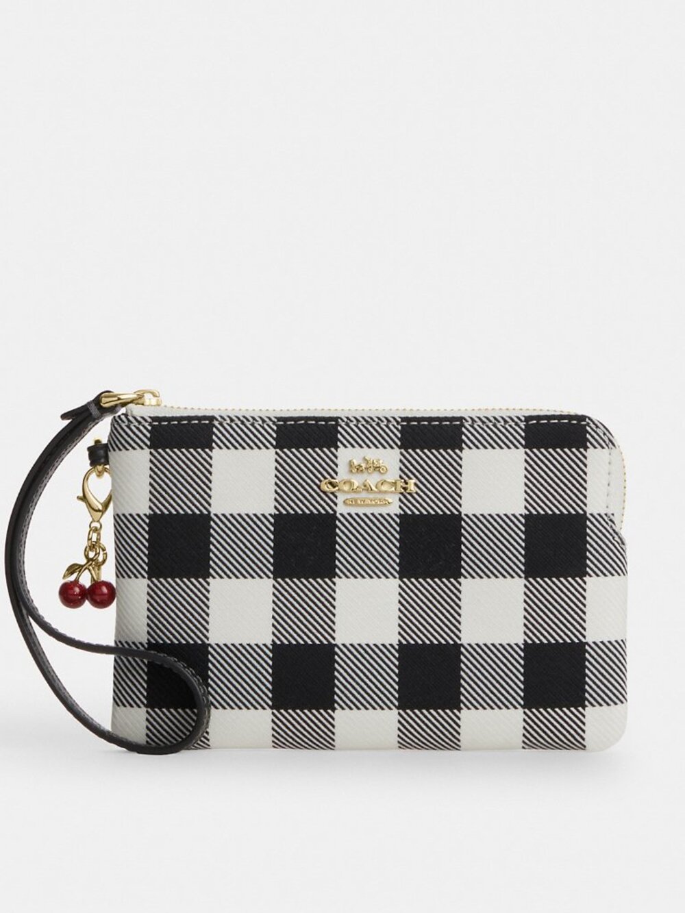 Coach Corner Zip Wristlet With Gingham Print And Charm